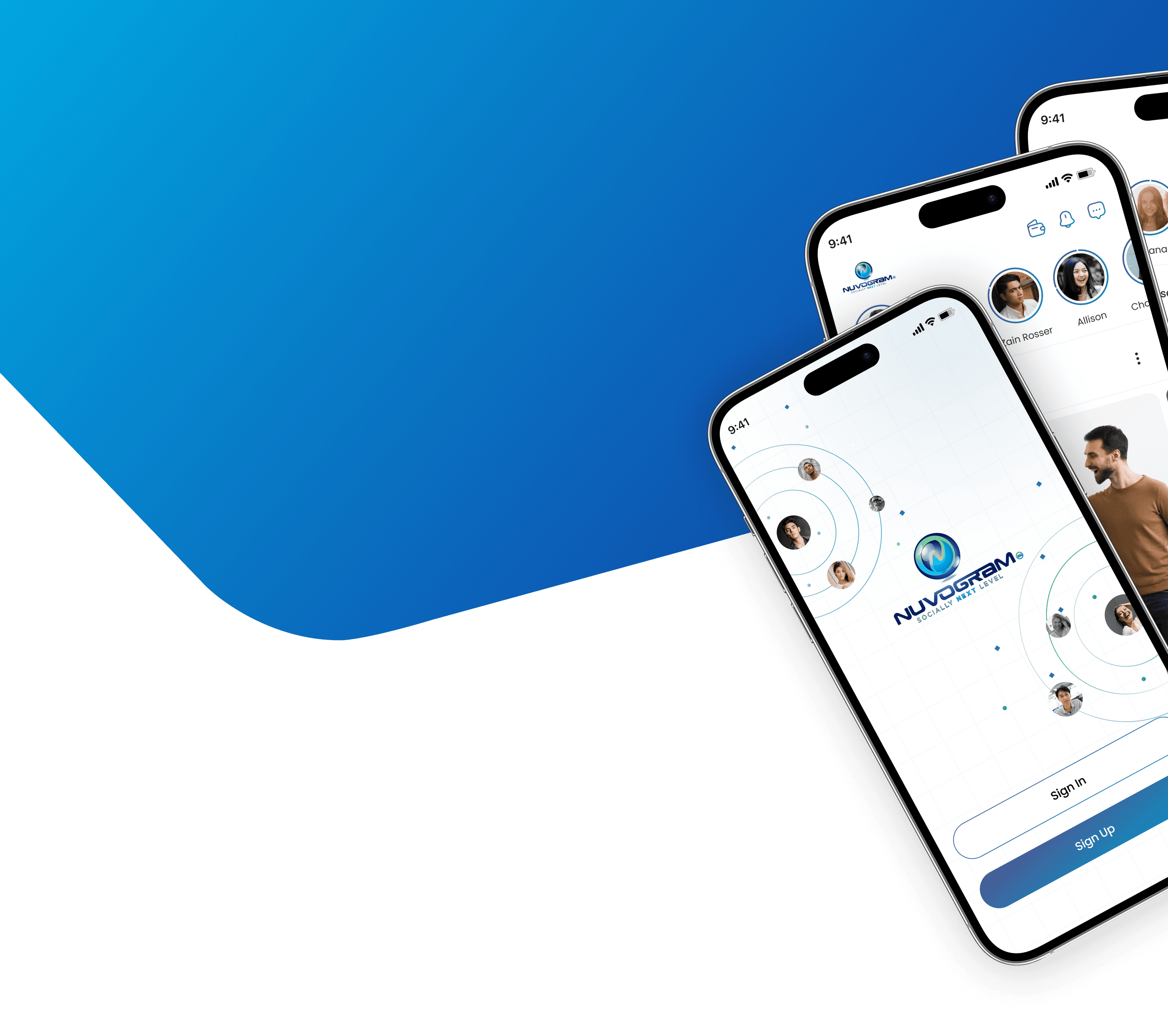 Nuvogram app screens showing the feed, stories and chat